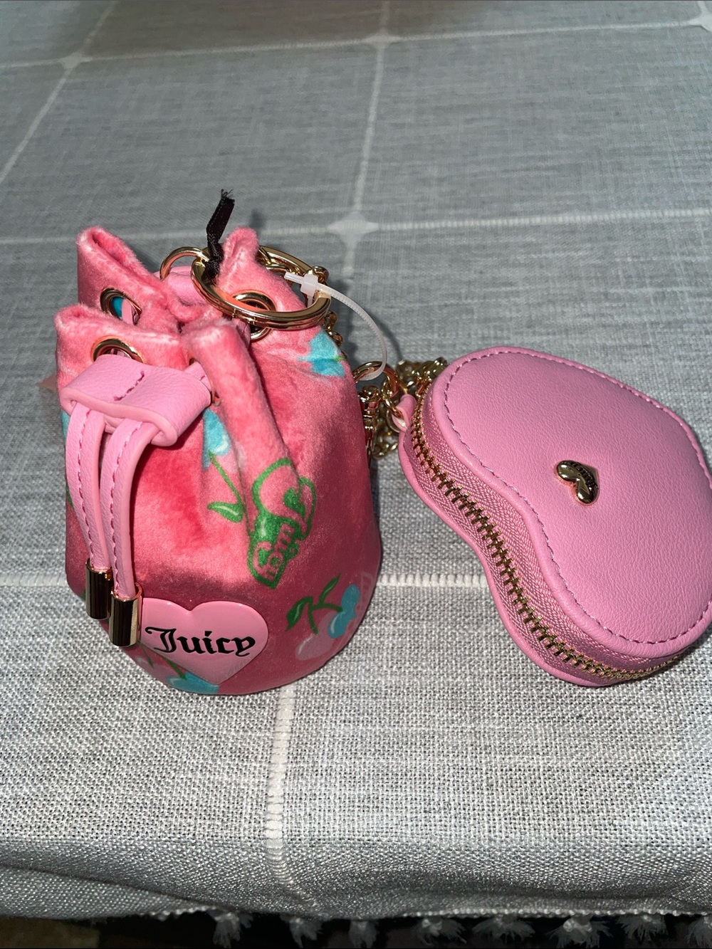 Juicy Couture Pink Velvet Drawstring Mini Bag & Pink Heart Coin Pouch Keychain